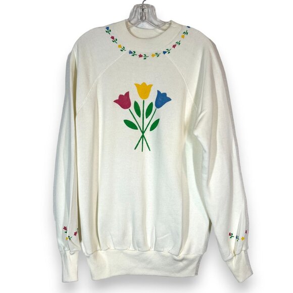Vintage Pannill 70s Tulip Floral Sweatshirt Top Crewneck XL White Tulips - Picture 8 of 8